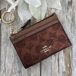 Coach Mini Skinny Keychain Id Case In Signature Canvas & Copper Metallic Wallet